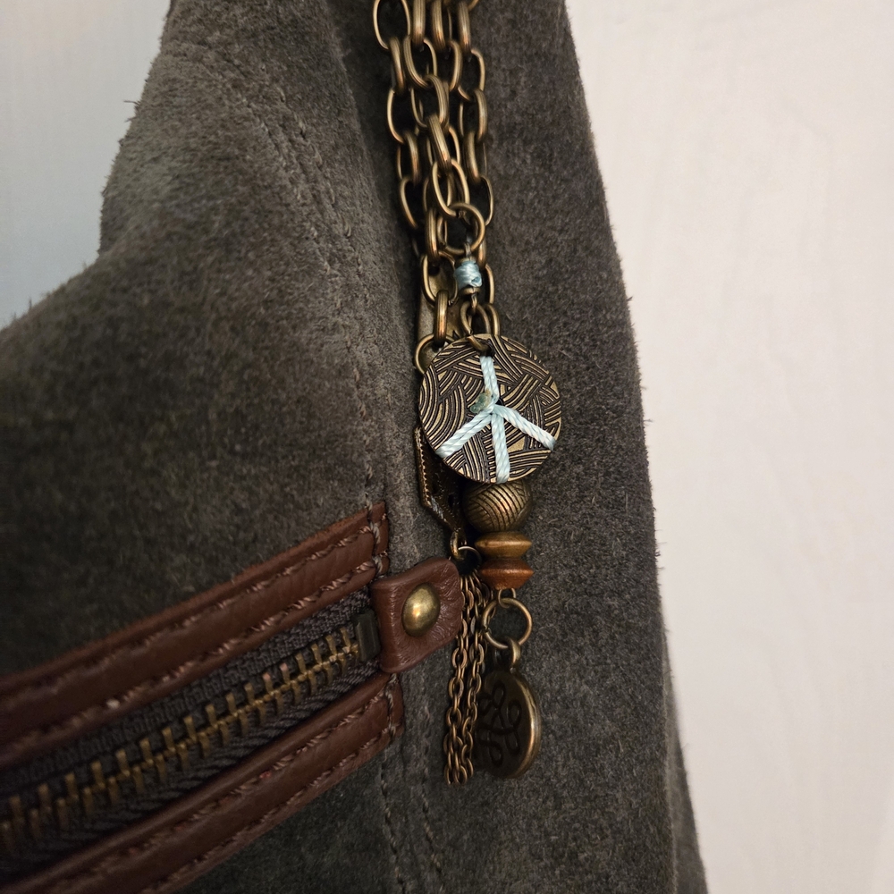 The Sak Olive Green Suede Shoulder Bag with Brown Leather Trim - Picture 7 of 16